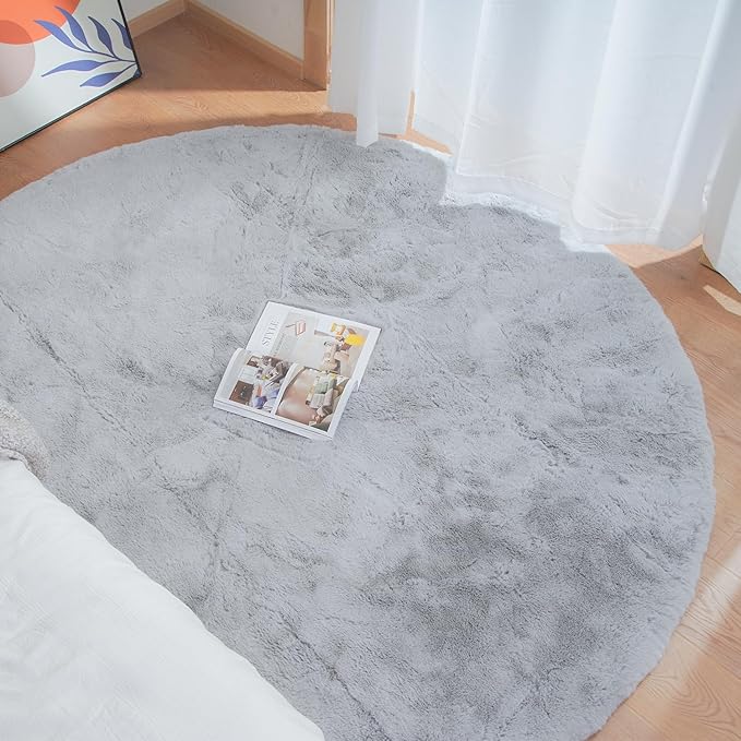 ORINOVA Grey Washable Fluffy Round Rugs 6ft Faux Bunny Fur Rugs for Living Room Bedroom Boho Circle Sheepskin Rug Teen Room Nursery Rug