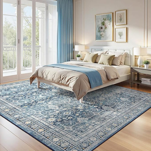 10x14 Area Rugs for Living Room, Washable Non-Slip Blue Large Carpet