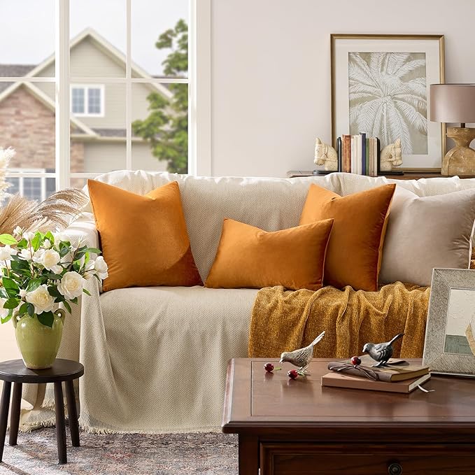 GIGIZAZA Decorative Throw Pillow Covers for Sofa,Cinnamon Orange 18x18 Velvet Bed 2 Pack Soft Cushion Cover