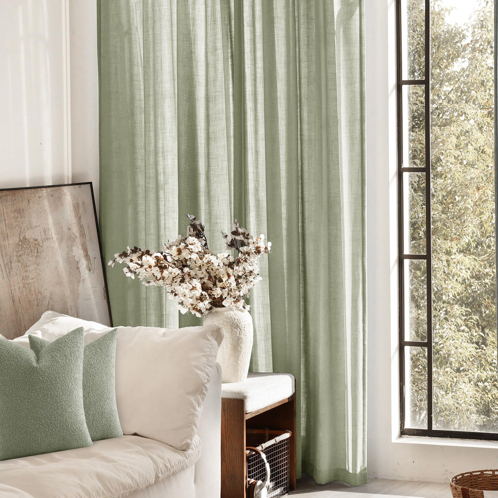 Linen Blend Sage Green Curtains 96 inch Length 2 Panels for Bedroom Back Tab Light Filtering Semi Sheer Drapes Linen Cotton Textured Light Green Airy Modern Farmhouse Living Room Sage Aesthetic Decor
