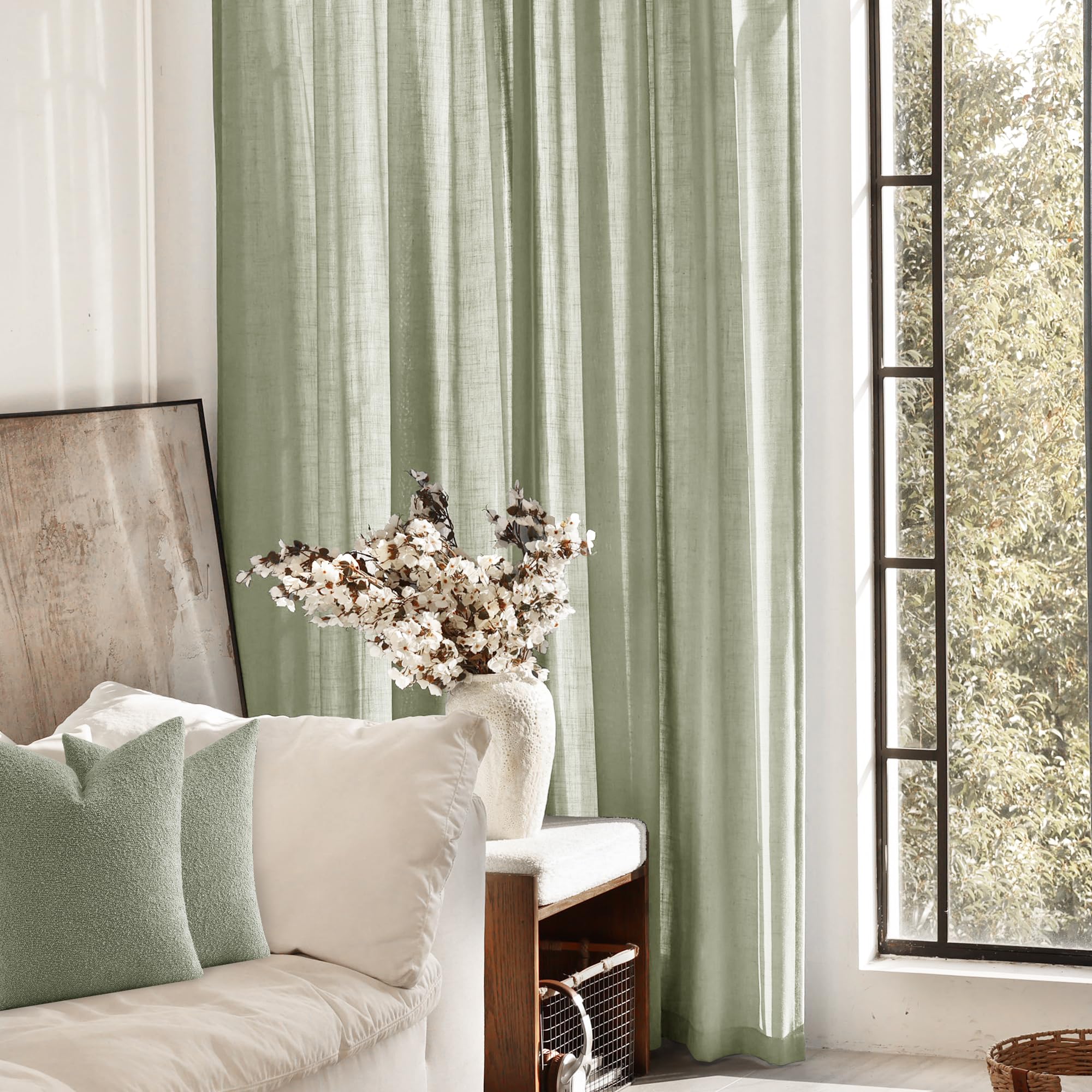 Linen Blend Sage Green Curtains 96 inch Length 2 Panels for Bedroom Back Tab Light Filtering Semi Sheer Drapes Linen Cotton Textured Light Green Airy Modern Farmhouse Living Room Sage Aesthetic Decor