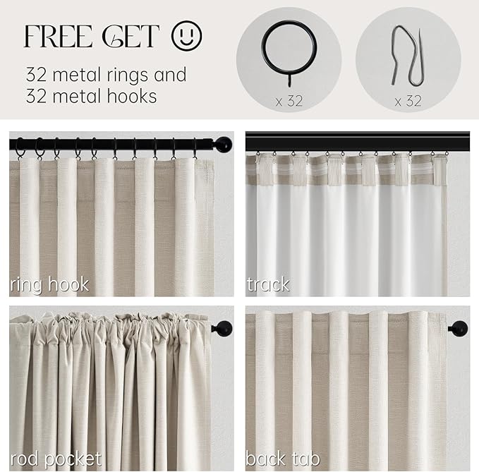 Extra Wide 60 Inch Blackout Curtains 96 Inches Long for Living Room Natural Rustic Textured Linen Back Tab Pleated Dining Room Office Insulated Ceiling Track Window Drapes 60"W x 96"L 2 Panels