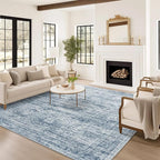 Washable Area Rug 8x10, Large Soft Rugs for Living Room Vintage Blue 8x10 Area Rugs for Bedroom Dining Room Non-Slip Stain Resistant Under Table Rug