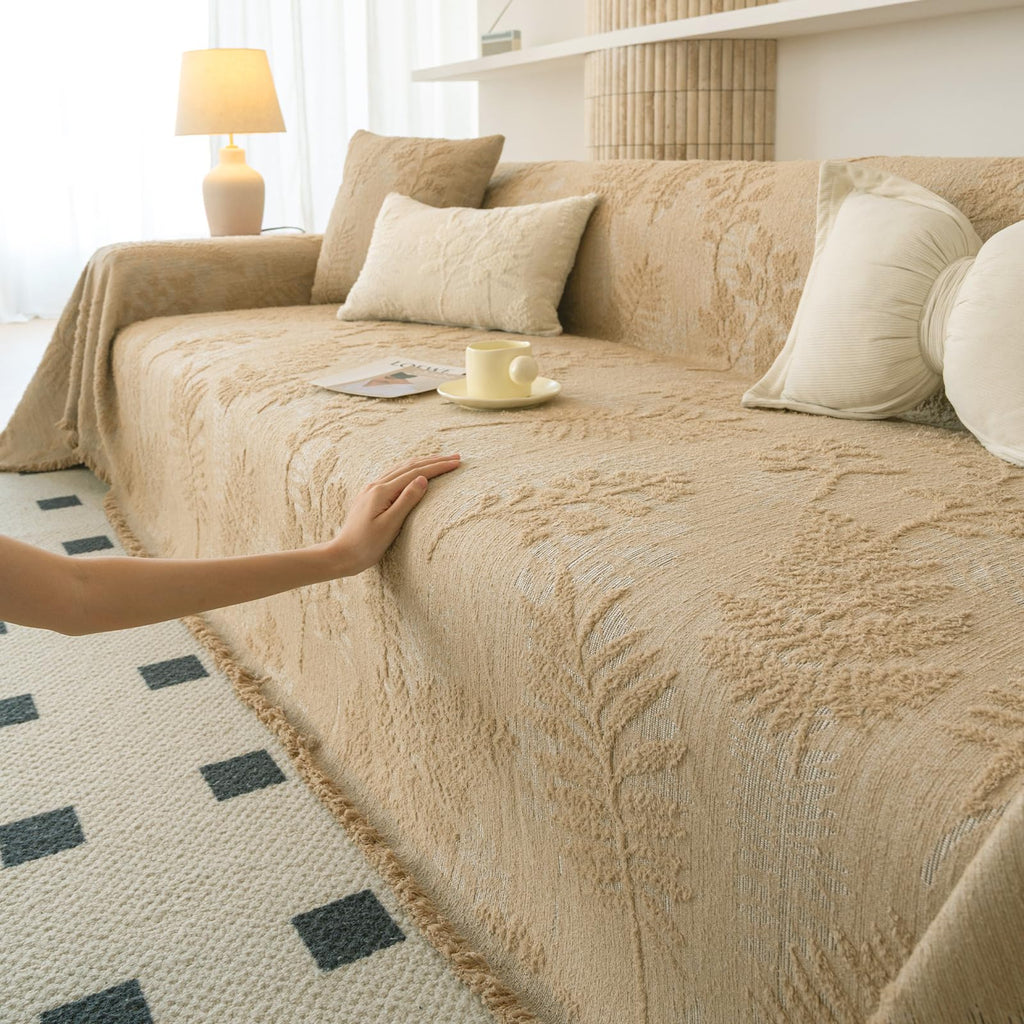 HANDONTIME Washable Couch Covers for Sofa Boho Couch Covers for 3 Cushion Sofa Pet Friendly Camel Chenille Jacquard Couch Protector for Dogs Plant Branch Sectional Cover Sofa Slipcovers, 71" X 118"