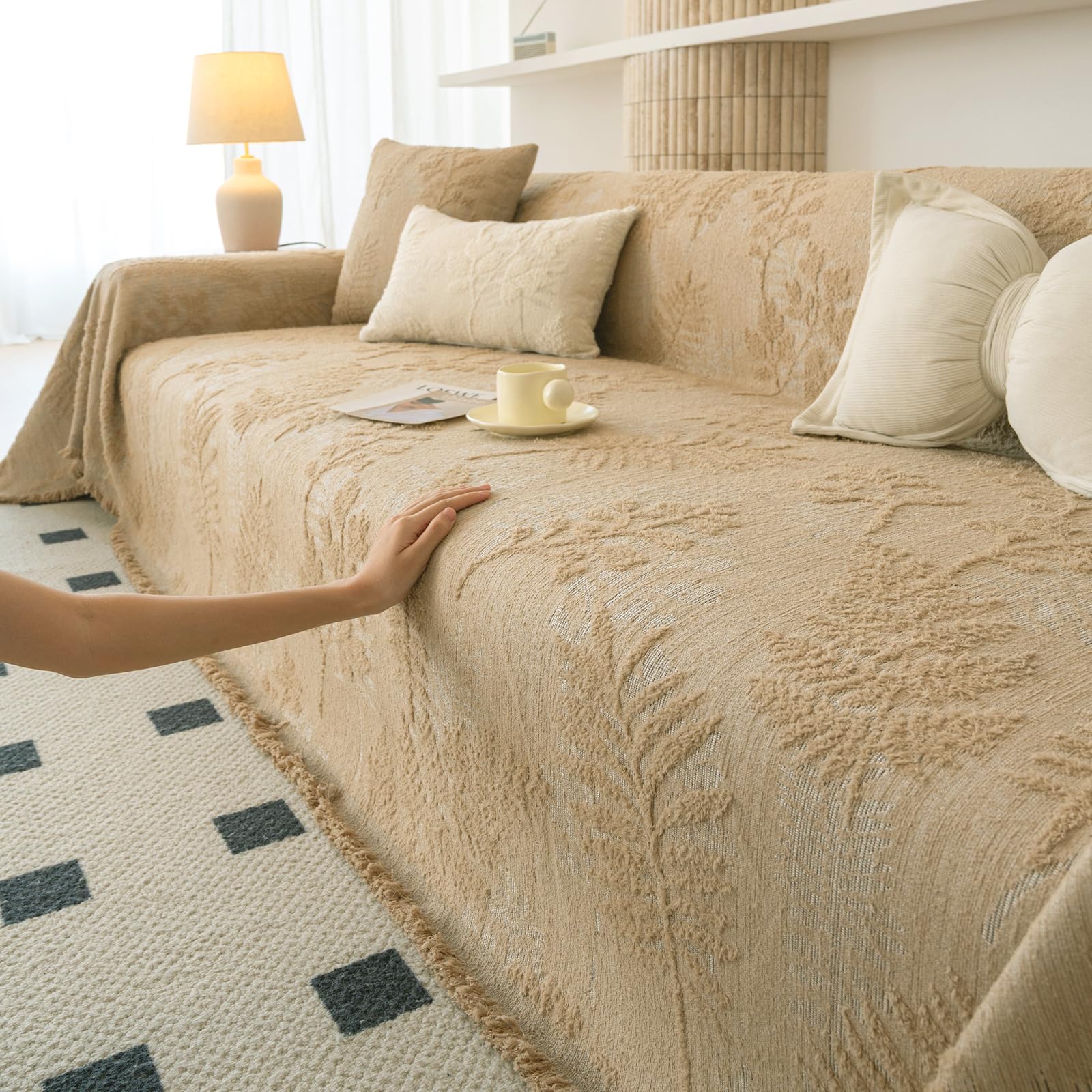 HANDONTIME Washable Couch Covers for Sofa Boho Couch Covers for 3 Cushion Sofa Pet Friendly Camel Chenille Jacquard Couch Protector for Dogs Plant Branch Sectional Cover Sofa Slipcovers, 71" X 118"