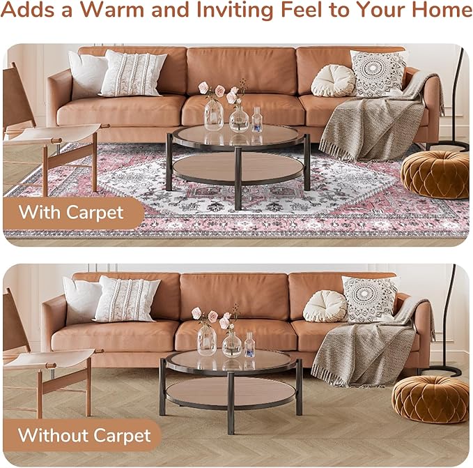OPPODREAM Soft Area Rugs 5x7, 5x7 Washable Rug with Non Slip Backing, 5 x 7 Faux Cashmere Low-Pile Carpet, Pink & Cream