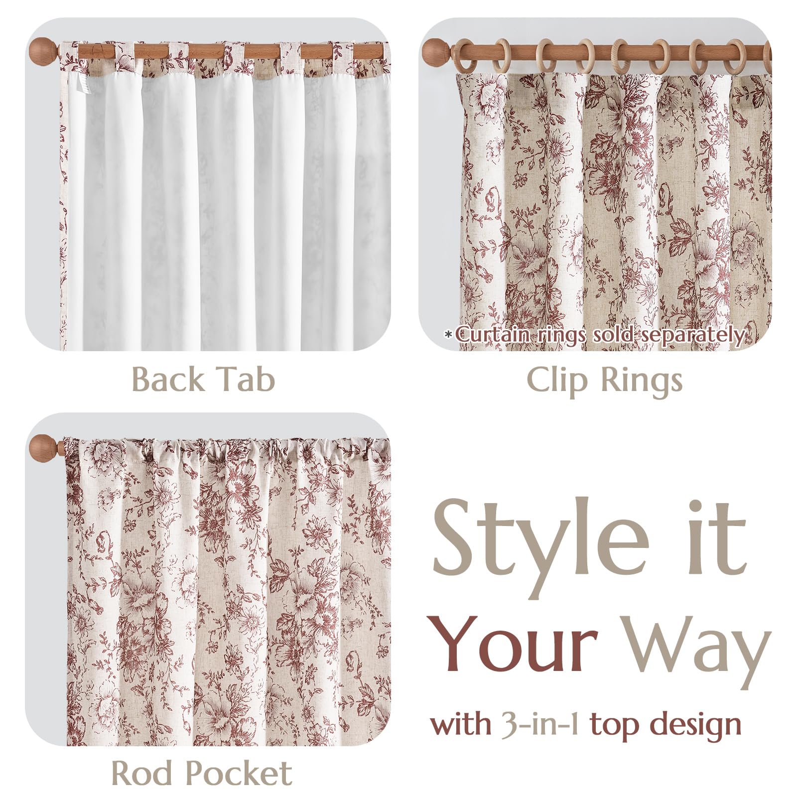 jinchan Red Floral Linen Light Filtering Curtains for Living Room 96 Inches Long