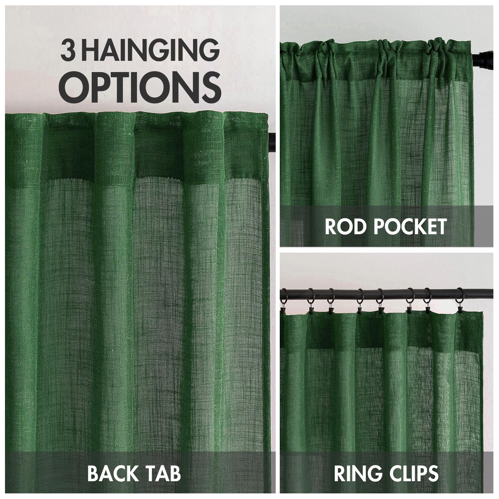 MIULEE Emerald Green Linen Curtains 52x84 Inch Long for Bedroom Living Room