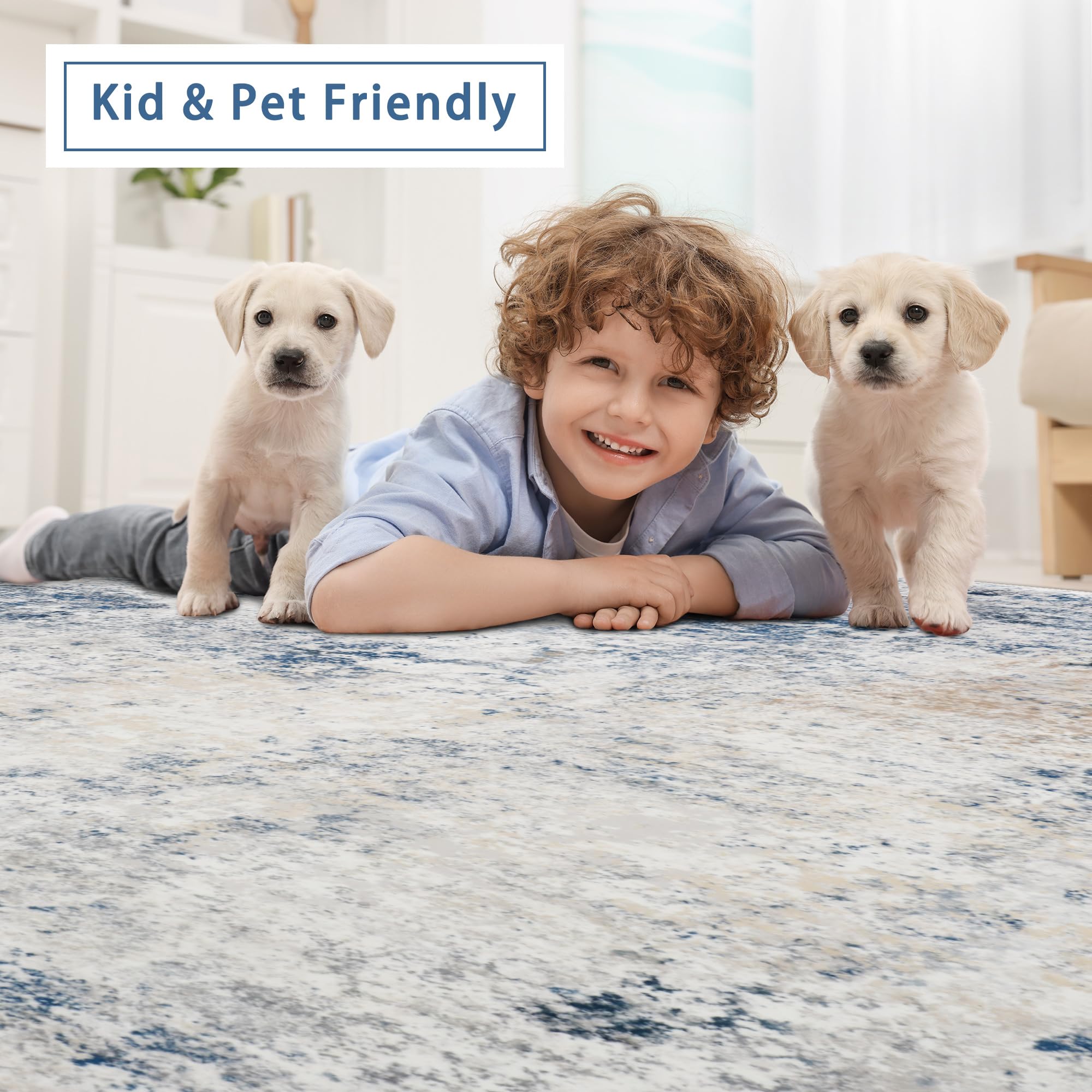 8x10 Washable Area Rugs for Living Room,Bedroom,Dining Room- Blue Beige