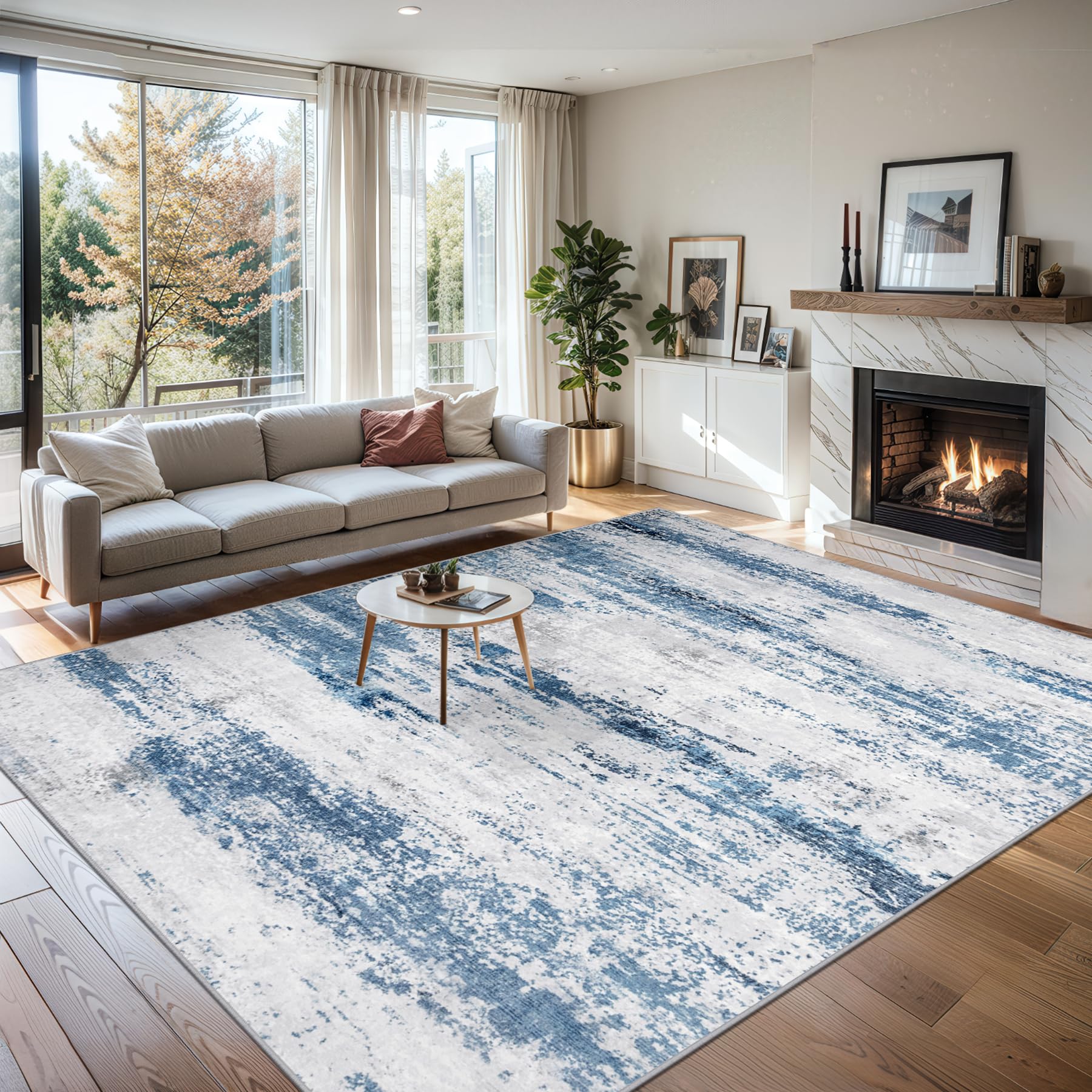 PLHXFR Area Rug Living Room: 5x7 Abstract Washable Carpet White Blue