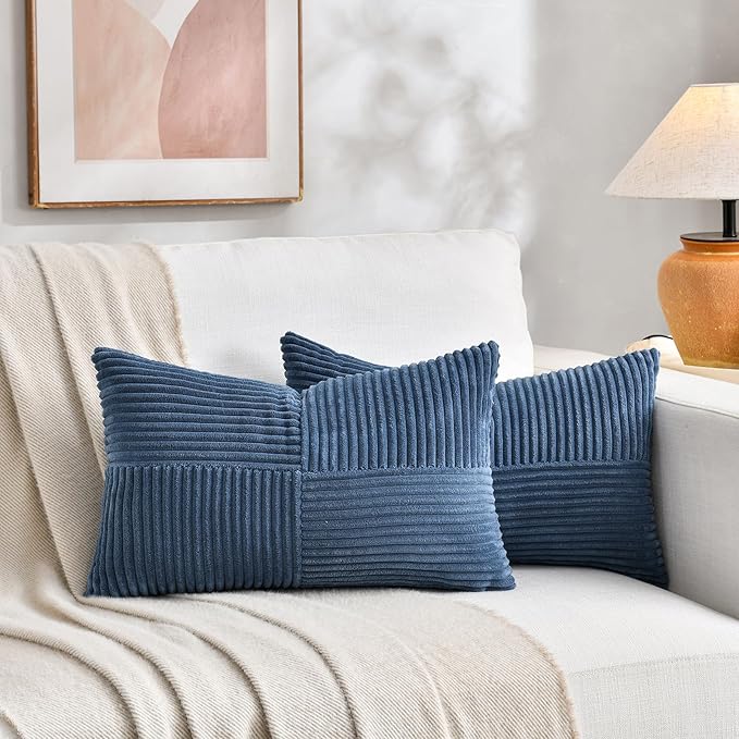 Fancy Homi 2 Packs Dusty Blue Lumbar Decorative Throw Pillow Covers 14x24 Inch for Couch Bed Sofa, Rustic Farmhouse Boho Home Decor, Soft Striped Corduroy Rectangle Accent Cushion Case 35x60 cm