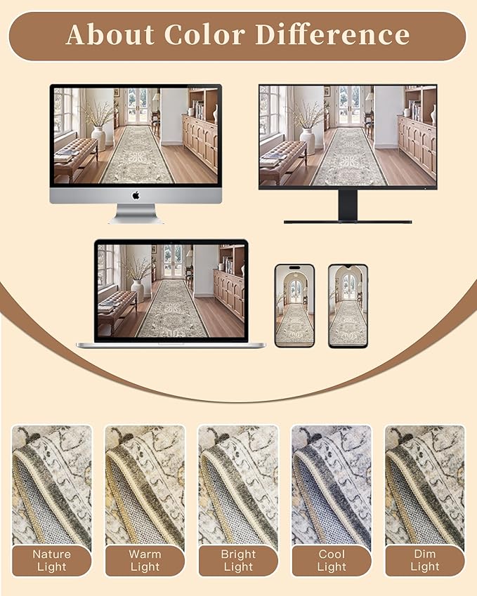 Madane Kitchen Runner 2'6''x8' Soft Rug Runners for Hallways, Ivory/Brown