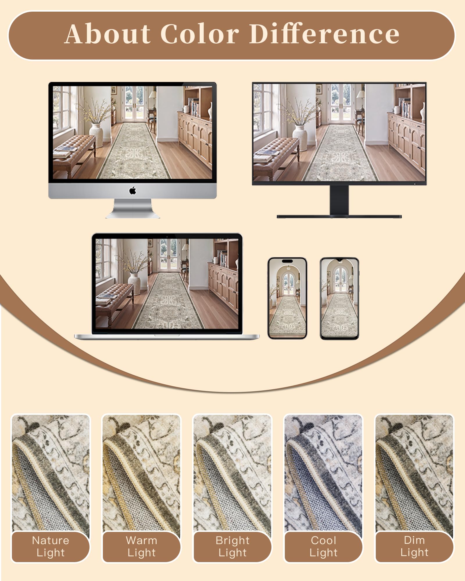 Madane Hallway Runner Rug 3x10 Washable Kitchen Runners 10ft, Ivory/Brown