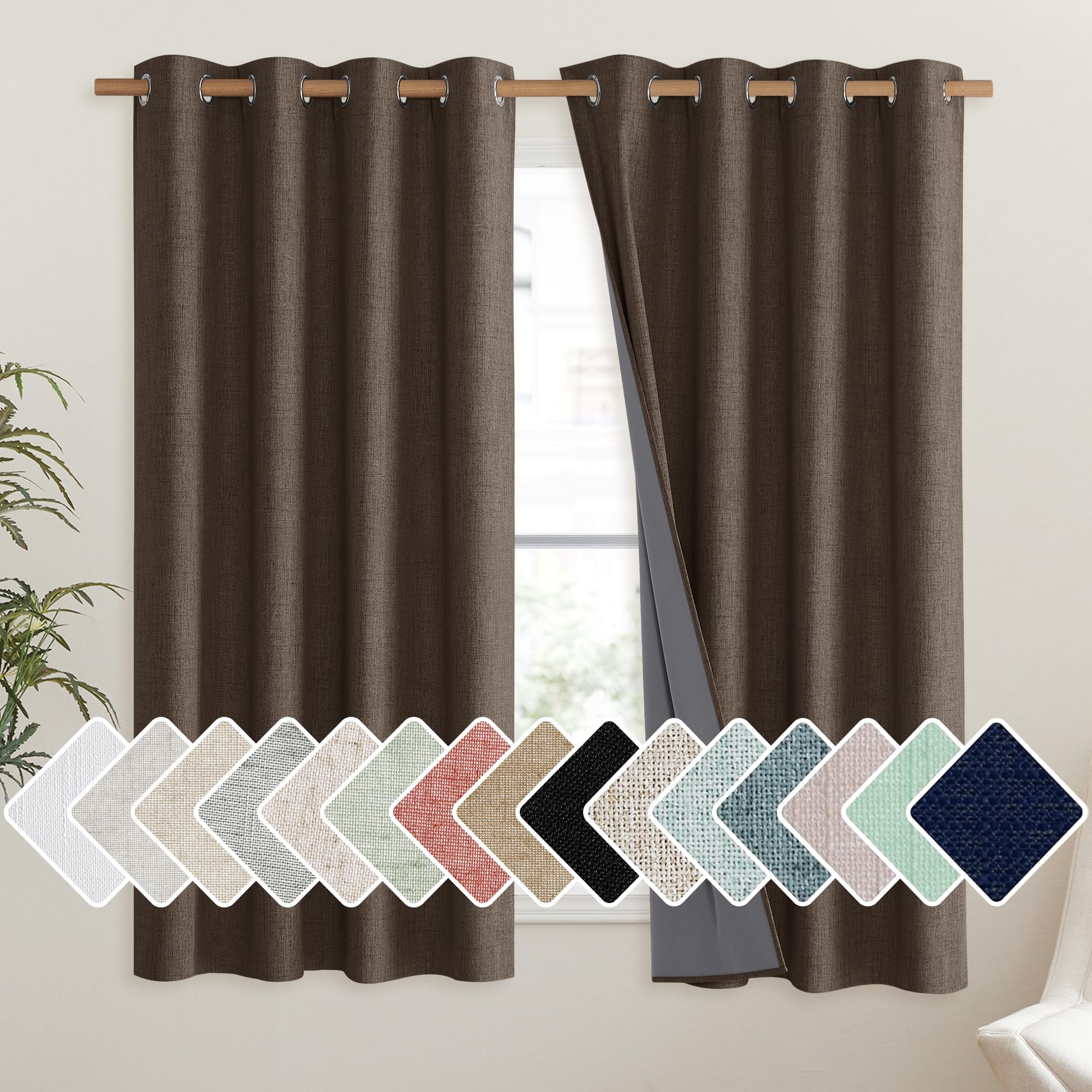 NICETOWN Coffee Vintage Linen 100% Blackout Curtains for Living Room, Thermal Insulated Curtains 45" Long, Noise Reducing Window Treatment Drapes for Hall Room, 52" Wide Per Panel, Set of 2