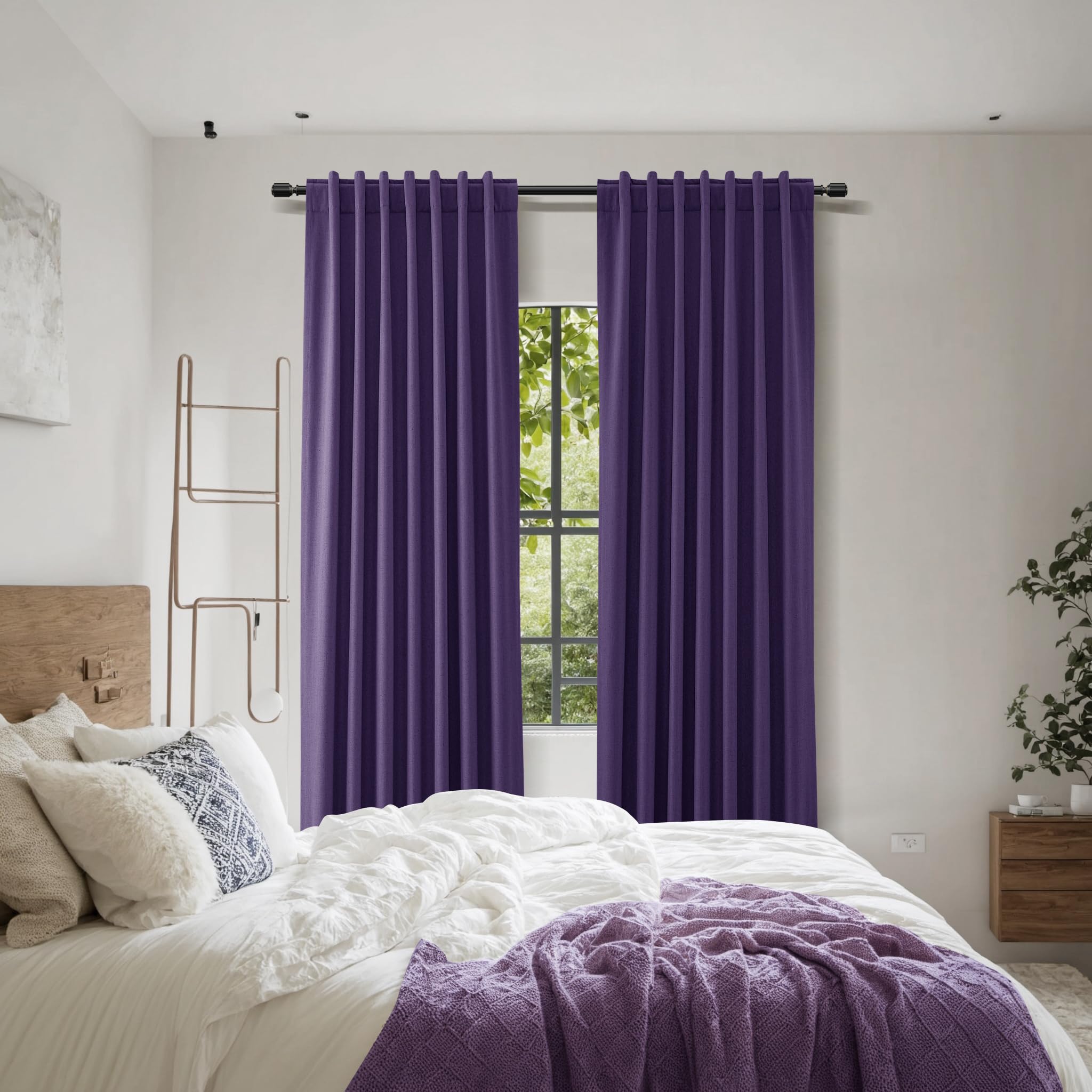 Guken New Purple 100% Blackout Linen Curtains 96 Inch Length 2 Panels Set for Living Room Bedroom Back Tab/Rod Pocket Thermal Insulated Farmhouse Black Out Drapes Room Darkening,52x96
