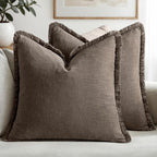 MIULEE Decorative Throw Pillow Covers Neutral Linen Fringe Throw Pillows Euro Shams Set of 2 Natural Coffee Boho Farmhouse Cushion Covers for Couch Sofa Bed Living Room Spring Home Decor 24x24 Inch