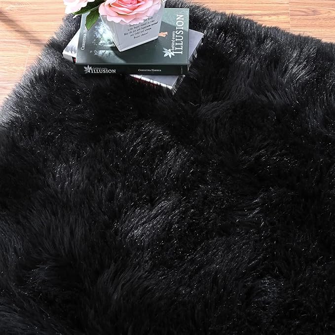 ORINOVA Black Rug for Bedroom 5x7 Area Rugs for Living Room Washable Shaggy Sheepskin Fluffy Fur Rug for Girl Room Rectangle Nursery