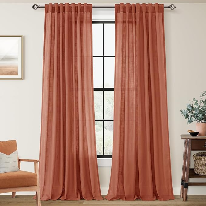 132 inch Linen Terracotta Curtains 2 Panels for Living Room Back Tab Light Filtering Semi Sheer Rust Colored Curtains 132 inches Long Soft Thick Cotton Cloth Textured Rustic Boho Farmhouse Room Decor
