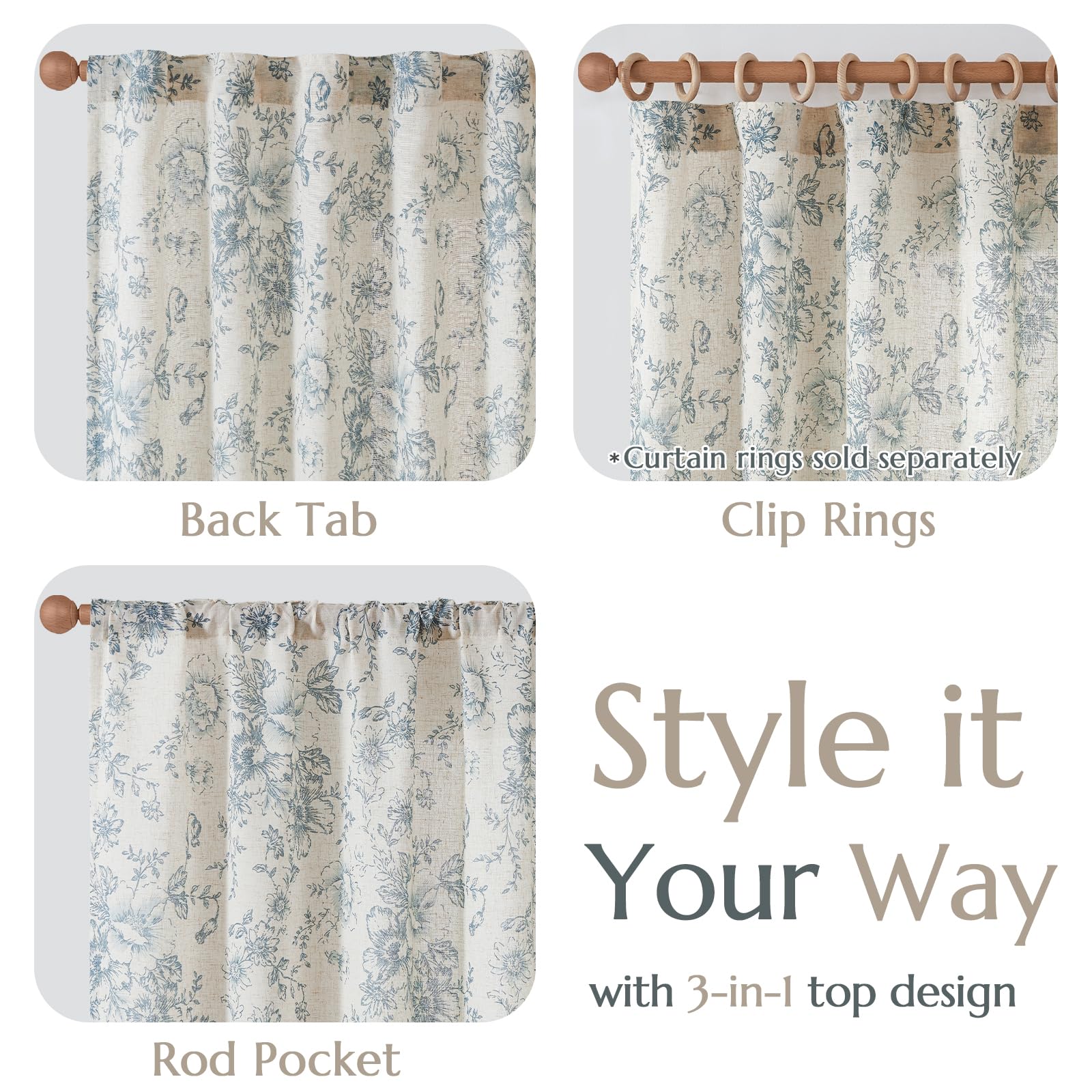 jinchan Vintage Floral Linen Curtains 84 Long for Living Room 2 Panels