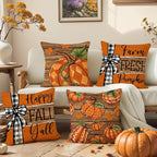 Fall Decorations for Home,Fall Pillow Covers 18 x 18 Inch Autumn Thankful Grateful Blessed Pumpkin Linen Pillow Decorations for Sofa Couch Set of 4