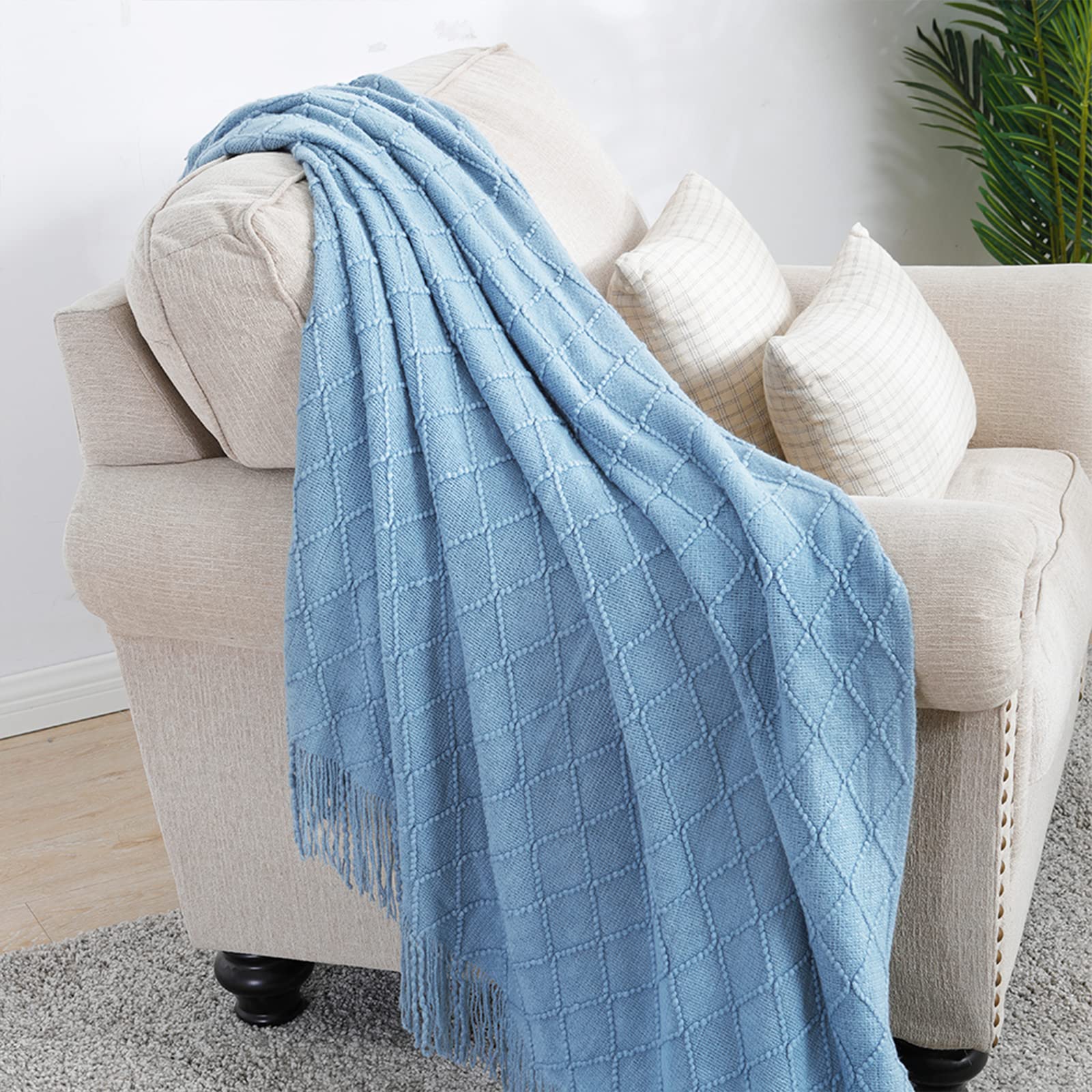BOURINA Blue Throw Blanket 50x60 Inch Boho Knitted Soft Throw Sofa Blanket