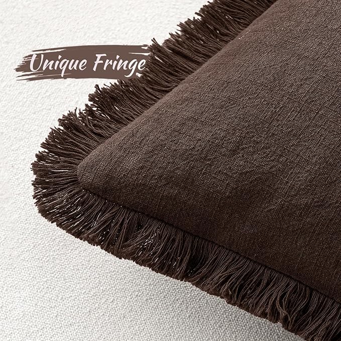 MIULEE Linen Fringe Decorative Fall Throw Pillow Covers Dark Brown 20x20