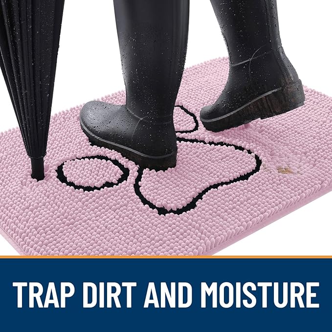 OLANLY Dog Door Mat for Muddy Paws 36x24, Paw Print Design, Absorbs Moisture and Dirt, Non-Slip Washable Doormat, Quick Dry Chenille Mud Mat for Dogs, Entry Indoor Entryway Carpet, Dusty Rose
