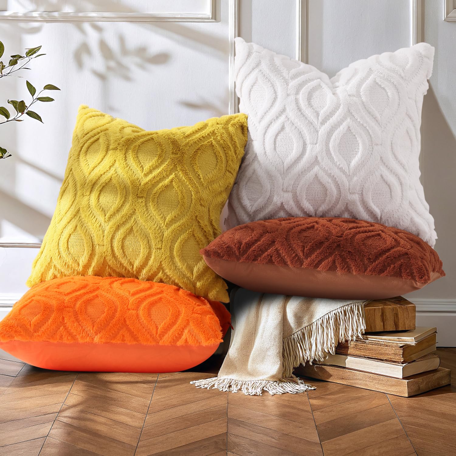 decorUhome Faux Fur Mustard Yellow Throw Pillow Covers 12x20 Set of 2
