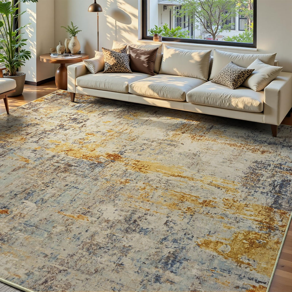 Ompaa Living Room Rug 6x9 Beige Area Rug Machine Washable Boho Rug Non Slip Abstract Vintage Indoor Large Rugs for Bedroom, Classroom, College Dorm, Farmhouse, Dining Room, Kids Playroom
