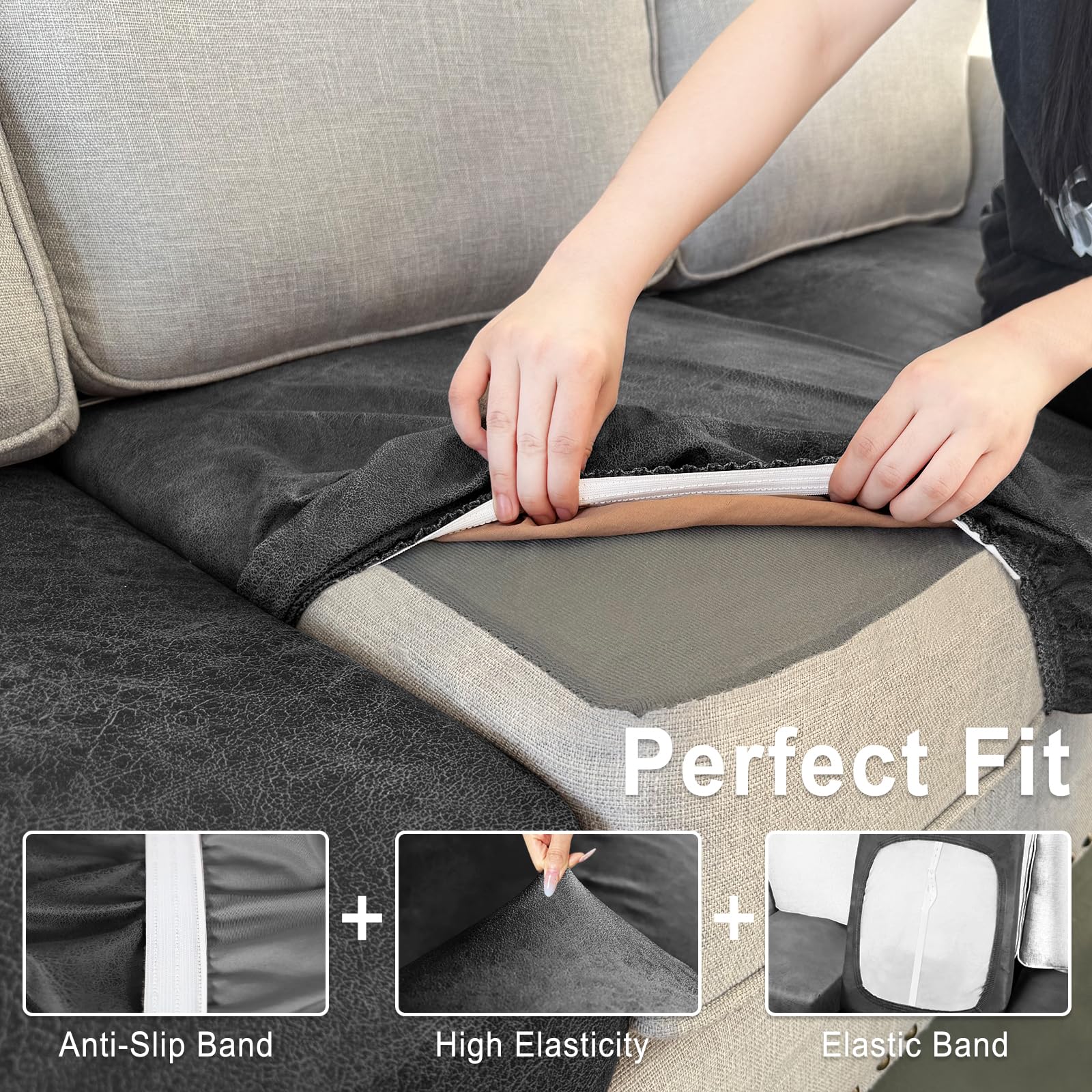 ANARACHON Leather Look Couch Cushion Covers Sofa Seat Slipcovers Sets Couches Furniture Protector for Sectional Armchair Loveseat Pets Kids Stretch Spandex Fabric (1 Cushion Armchair, Dark Grey)