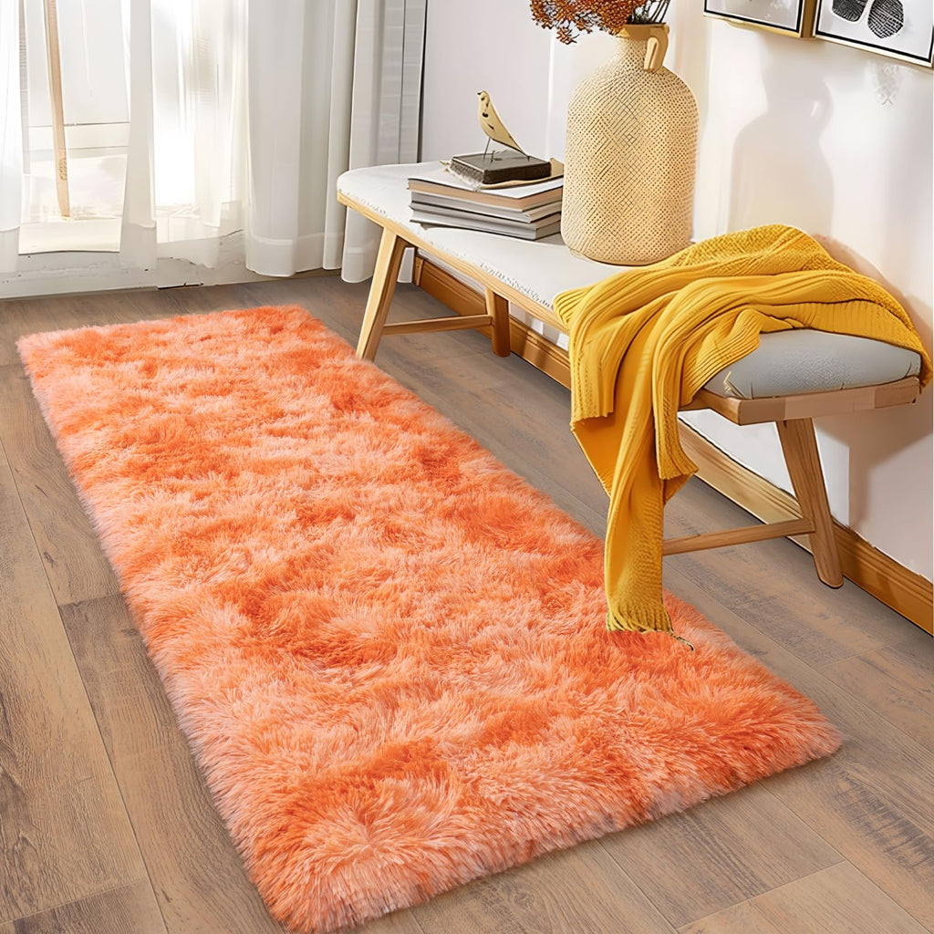 Ailyei Soft Runner Rugs for Bedroom Hallways, 2x6 Tie-Dyed Orange Fluffy Shag Throw Area Rug Non Slip for Bedside Dorm, Long Shaggy Furry Carpet for Nursery Living Room