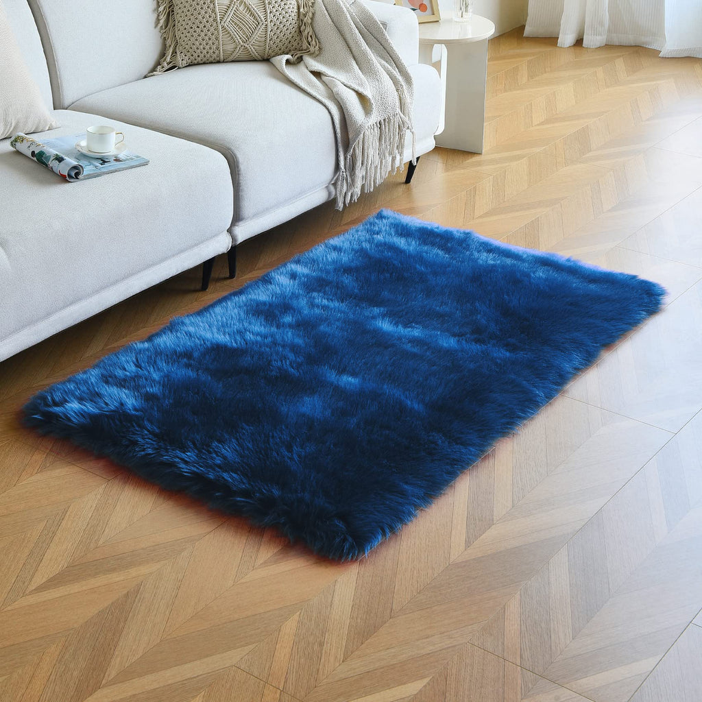 duduta Navy Blue Faux Sheepskin Fur Rug 3x5 ft, Fluffy Carpet Rug