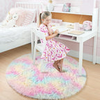Amdrebio Rainbow Fluffy Small Round Rug 3Ft Kids Rugs for Girls Bedroom, Unicorn Room Decor, Colorful Pastel Shag Carpet for Dorm, Soft Cute Fuzzy Kawaii Circle Area Rugs for Baby Nursery, Playroom