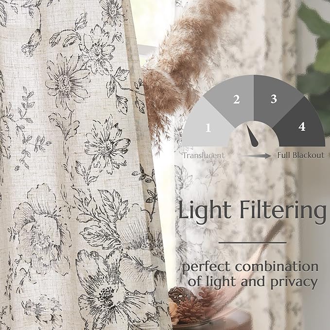 jinchan Linen Floral Curtains 84 Inch Length for Living Room Bedroom Light Filtering Farmhouse Peony Flower Drapes Rustic Window Curtain Set Rod Pocket Back Tab 2 Panels Black