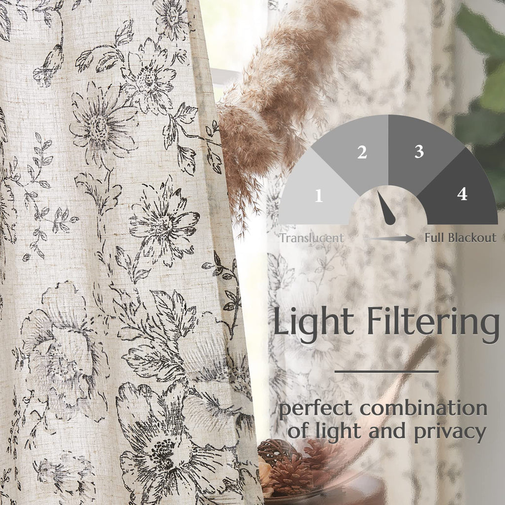 jinchan Vintage Floral Linen Curtains 84 Long for Living Room 2 Panels