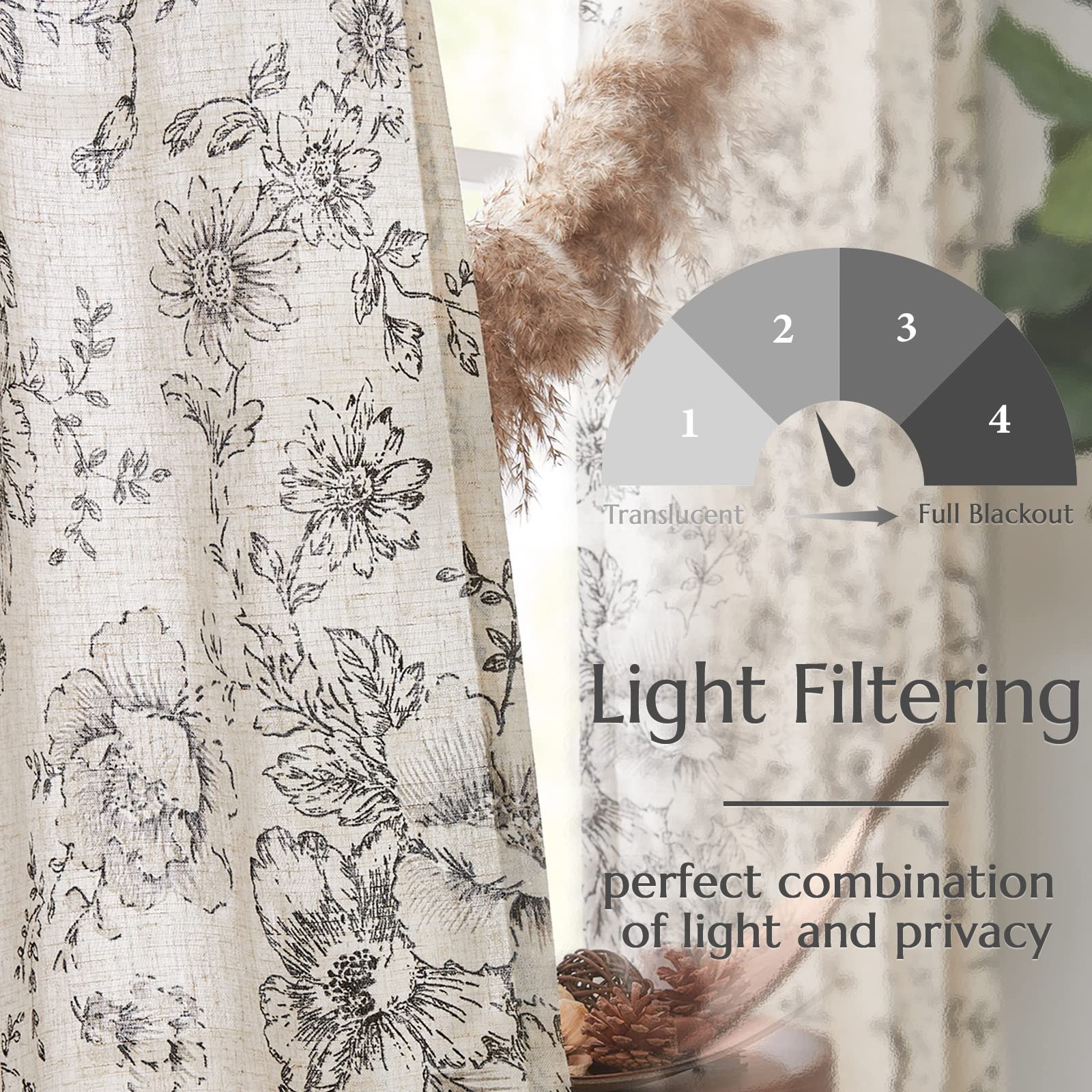 jinchan Vintage Floral Linen Curtains 84 Long for Living Room 2 Panels