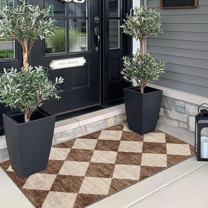 Othilic Front Door Mat Indoor Entrance - 2x4.3 Ft Brown Beige Diamond Rug
