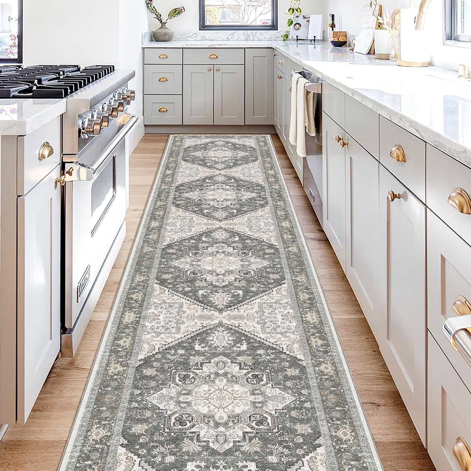 OPPODREAM Soft Area Rugs 2x10, Persian-Inspired Washable Rug, Greenish Grey