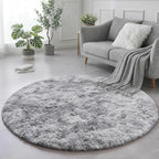 Amdrebio Tie-Dye Light Grey Round Circle Area Rugs 5Ft for Living Room Bedroom, Soft Fluffy Fuzzy Shag Rug for Kids Room Home Office, Furry Plush Indoor Floor Shaggy Gray Carpet for Baby Nursery Dorm