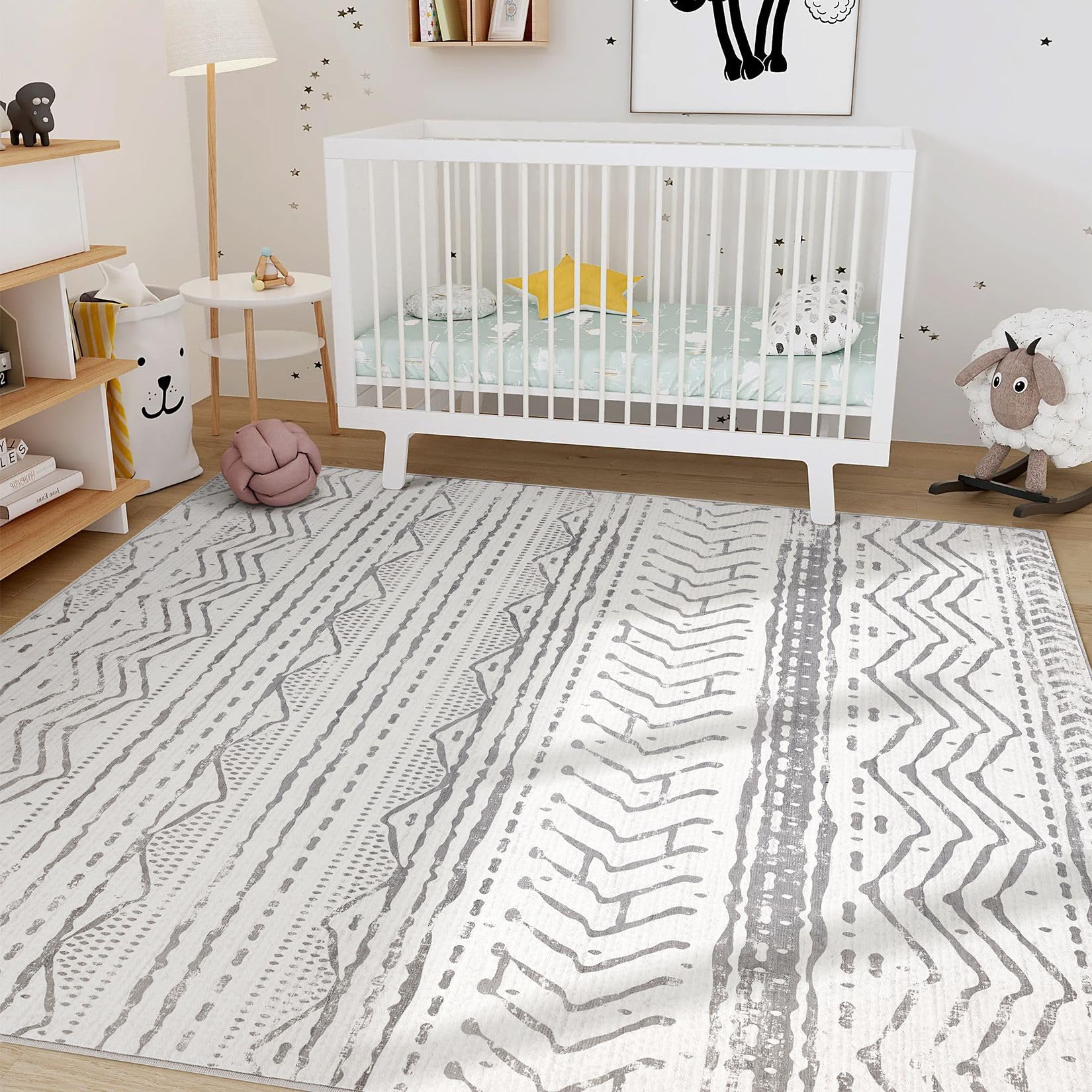 Nakagishi Area Rugs 9x12 Living Room: Washable Boho Large Neutral Modern Soft Farmhouse Rug Stain Resistant Indoor Non-Slip Accent Carpet for Bedroom Nursery Kids Playroom Office Dining Room- Gray