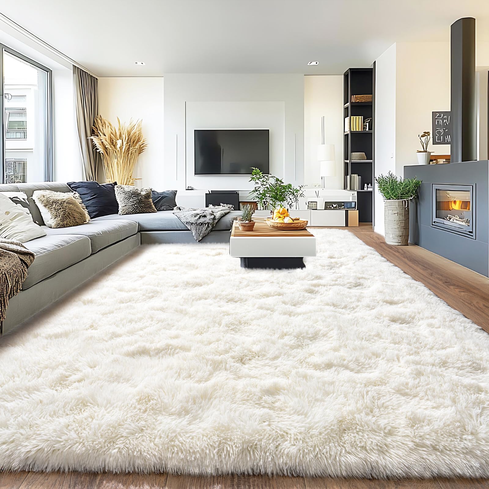 Pionblank 8x10 Rug for Living Room, Fluffy Large Area Rug, Cream White