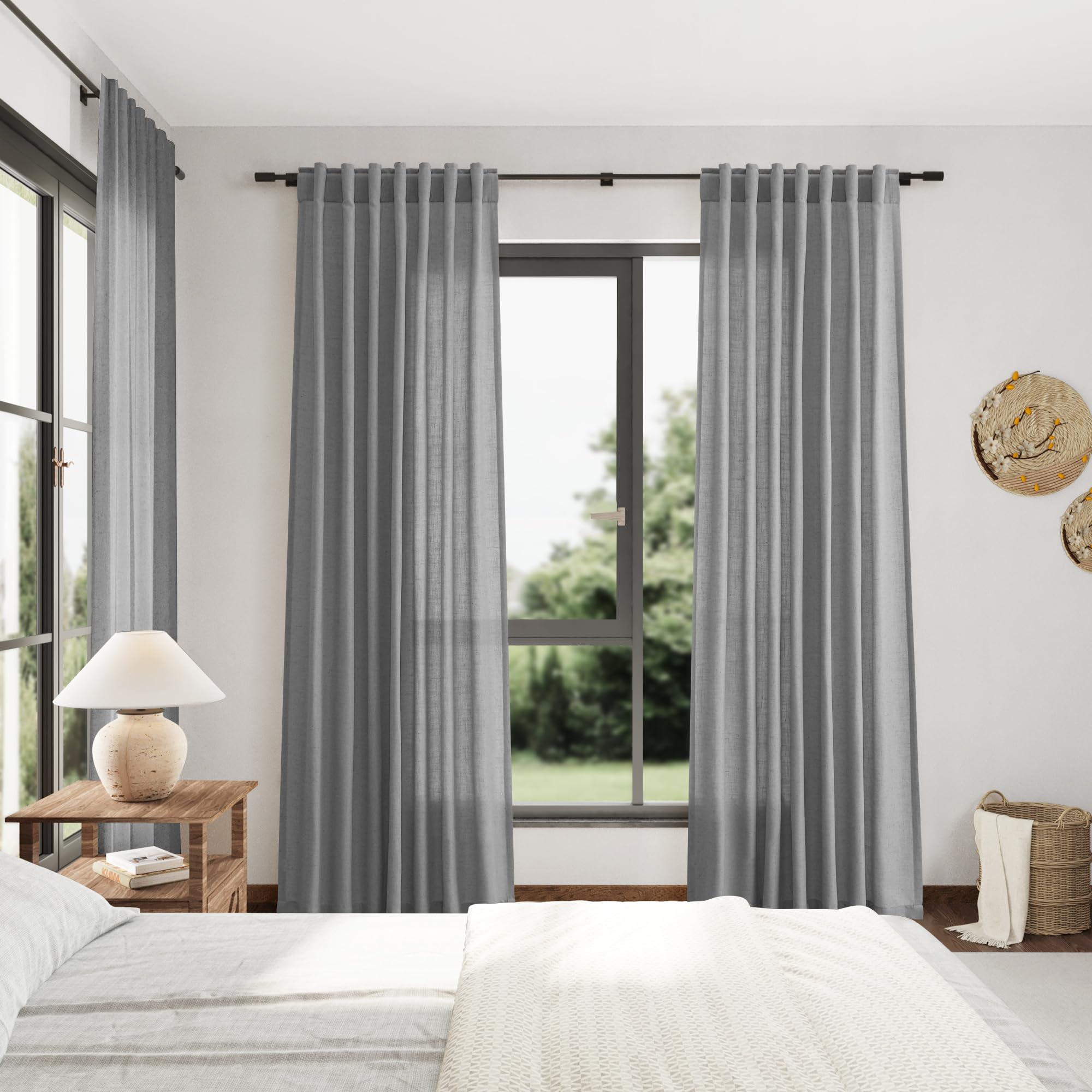 Dark Grey Linen Curtains 84 Inches Long for Bedroom Rod Pocket Back Tab Light Filtering Privacy Semi Sheer Curtain Farmhouse Decor Cotton Textured Drapes for Living Room 2 Panels Set 52x84 Inch