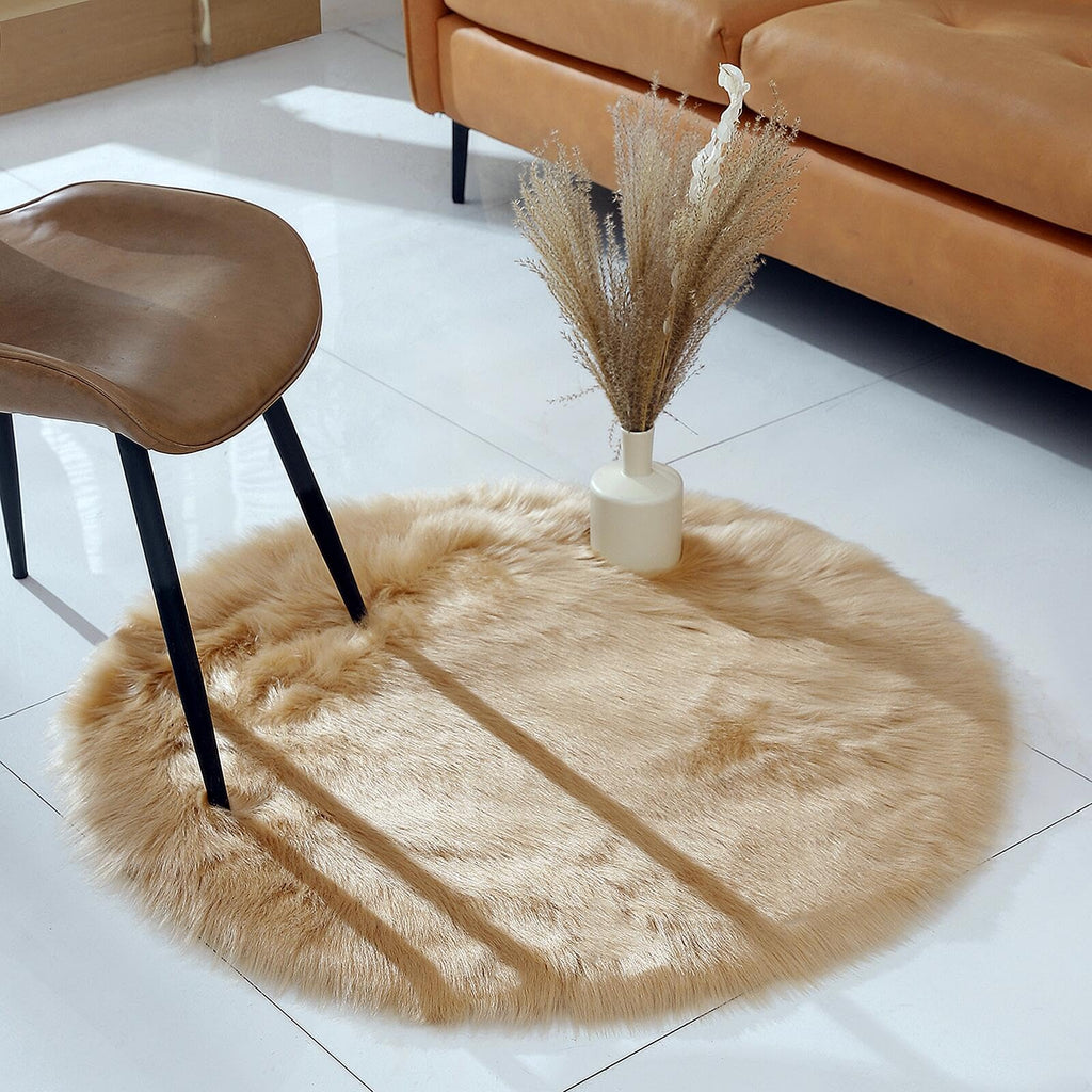 linmopm Faux Fur Rug Sheepskin Shag Fluffy Fuzzy Beige 3x3 ft Rugs for Bedroom Bedside Bed Floor Living Room Plush Round High-Density Cushion Carpet Super Sofa Cover