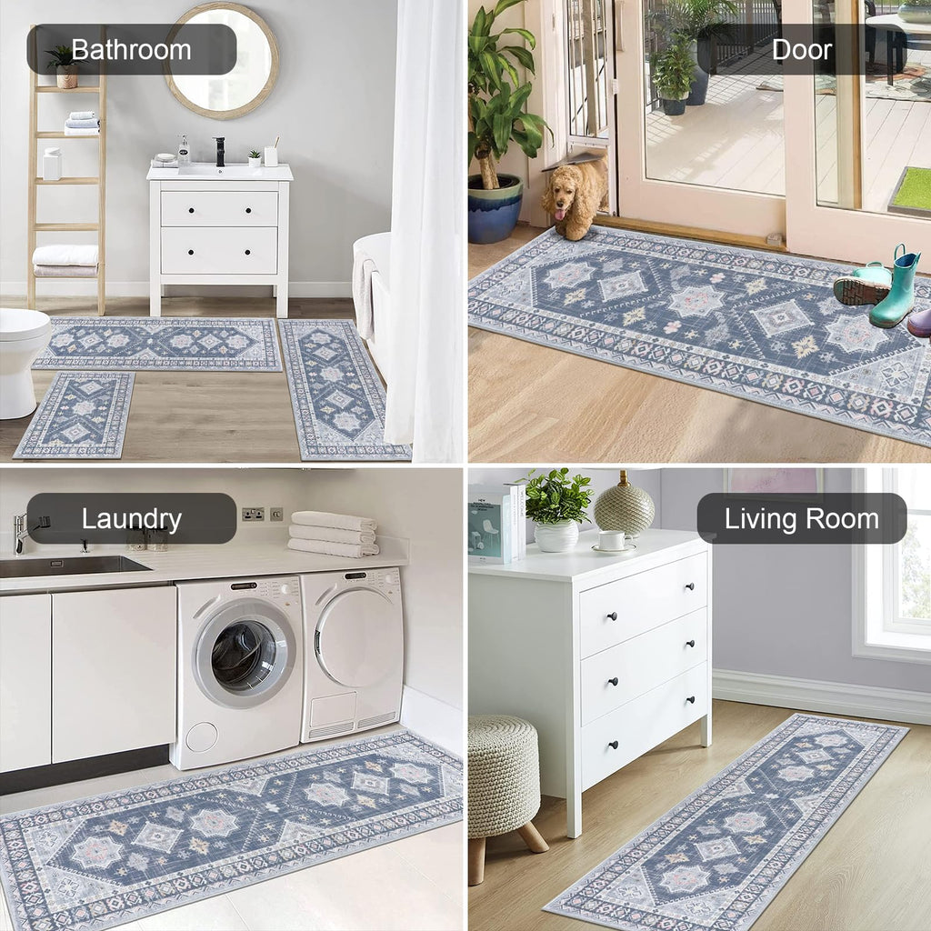 HEBE Boho Kitchen Rugs Set of 3, Non Slip Washable Kitchen Mats for Floor