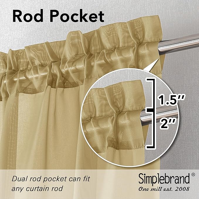 Simplebrand Rod Pocket Top Solid Voile Sheer Curtains for Bedroom, 54 Inch Length Drapes Set of 2, Lightweight and Light Filtering Elegant Curtains Panels Window Treatment, 42W×54L, Gold