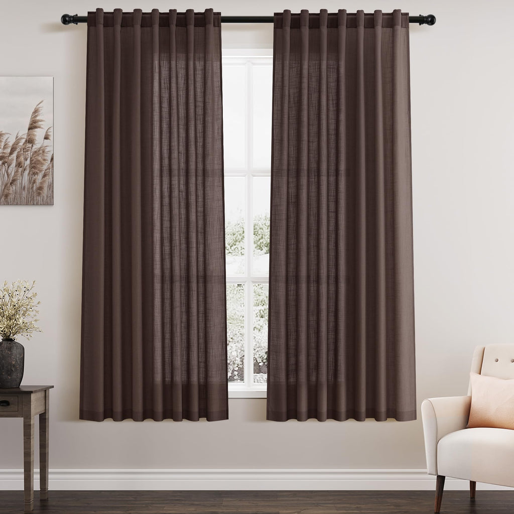 Nanspring Coffee Linen Curtains for Living Room Back Tab Rod Pocket Semi Sheer Curtain 63 Inches Long 2 Panel Set Boho Light Filtering Neutral Farmhouse Lightweight Drapes for Bedroom 52x63
