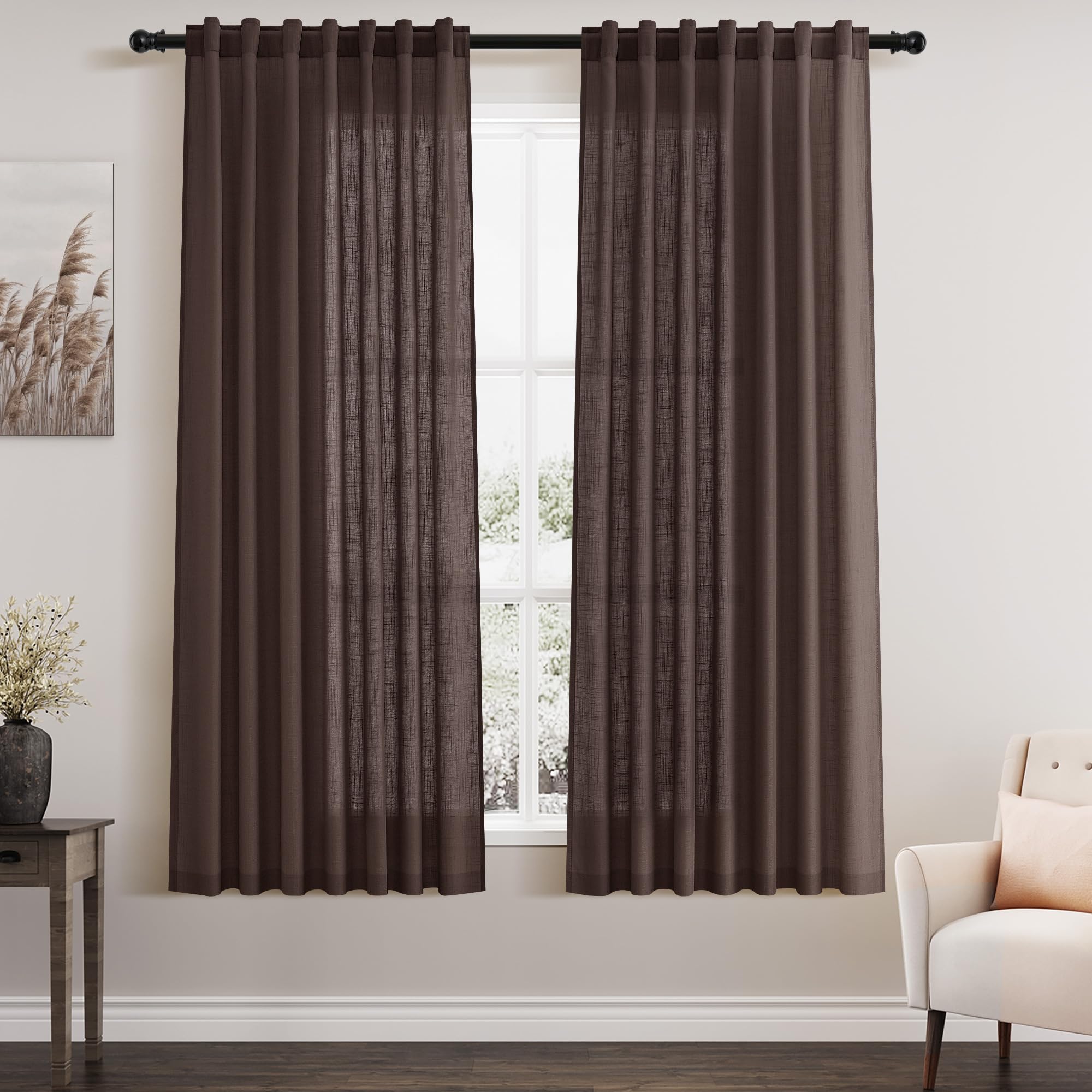Nanspring Coffee Linen Curtains for Living Room Back Tab Rod Pocket Semi Sheer Curtain 63 Inches Long 2 Panel Set Boho Light Filtering Neutral Farmhouse Lightweight Drapes for Bedroom 52x63