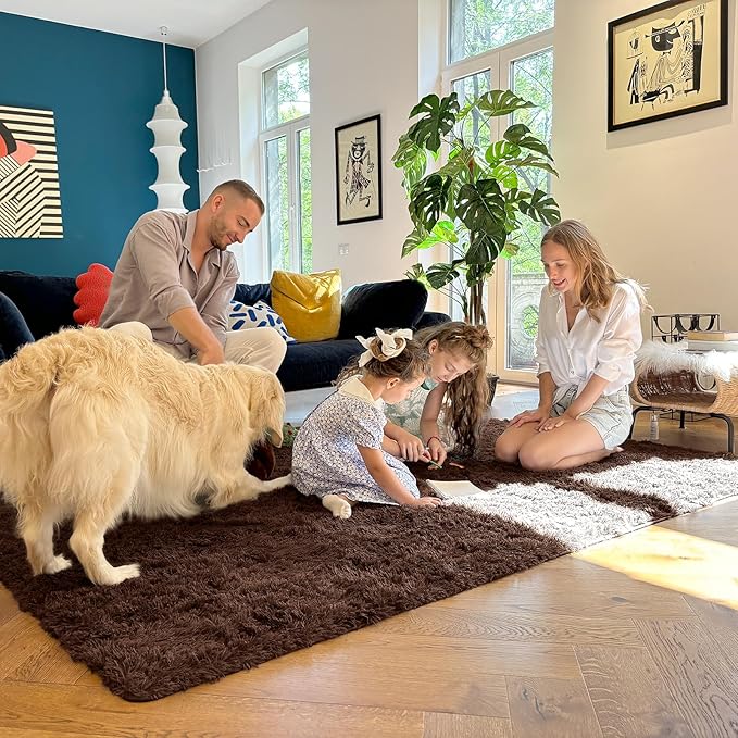 OLANLY 8x8 Machine Washable Large Area Rugs for Living Room, Bedroom, Soft Fluffy Shaggy Bedside Rug, Indoor Floor Carpet for Kids Girls and Boys, Dorms, Nursery, Home Decor Aesthetic, Coffee
