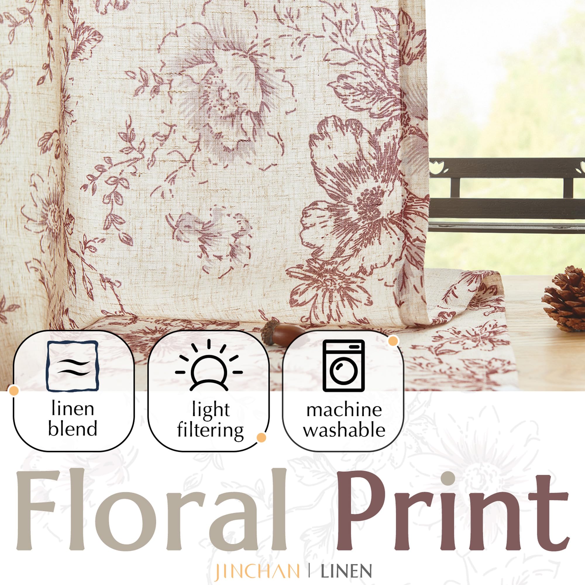 jinchan Vintage Floral Linen Curtains 96 Long for Living Room 2 Panels