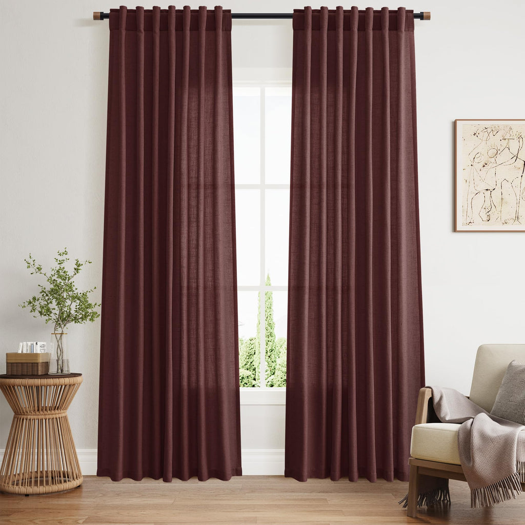 Nanspring Reddish Brown Linen Curtains 84 Inch Length 2 Panels Set for Living Room Back Tab Light Filtering Semi Sheer Curtain for Bedroom Farmhouse Drapes, 52x84 Inch, 2 Panels